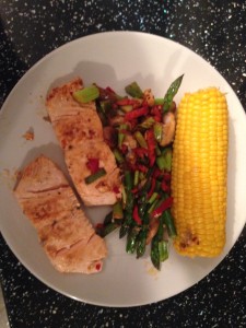 salmon fillets corn and veg